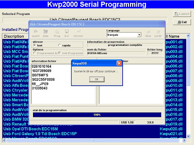 On constate que la série de chiffres correspond exactement, c'est mieux!<br /><br />Vous avez aussi le nom du fichier prêt à être injecter.<br /><br />Tout est prêt et toujours en vitesse &quot;lent&quot;, on clique sur &quot;Prog&quot; ce qui a pour effet d'effacer le fichier en place et d'injecter le nouveau venu.<br /><br />Et là, on touche plus à rien!<br /><br />On laisse faire, il y a une barre de progression qui s'affiche, la durée de l'opération est d'environ 3 min.<br /><br />A la fin de la reprog., ceci s'affiche :